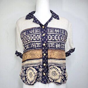 Vintage JSJ Petites Navy White Woven Tapestry Navajo Aztec Crop Length Shirt USA